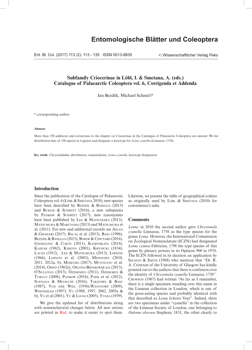Pdf Subfamily Criocerinae In Lobl I Smetana A Eds Catalogue Of Palaearctic Coleoptera Vol 6 Corrigenda Et Addenda