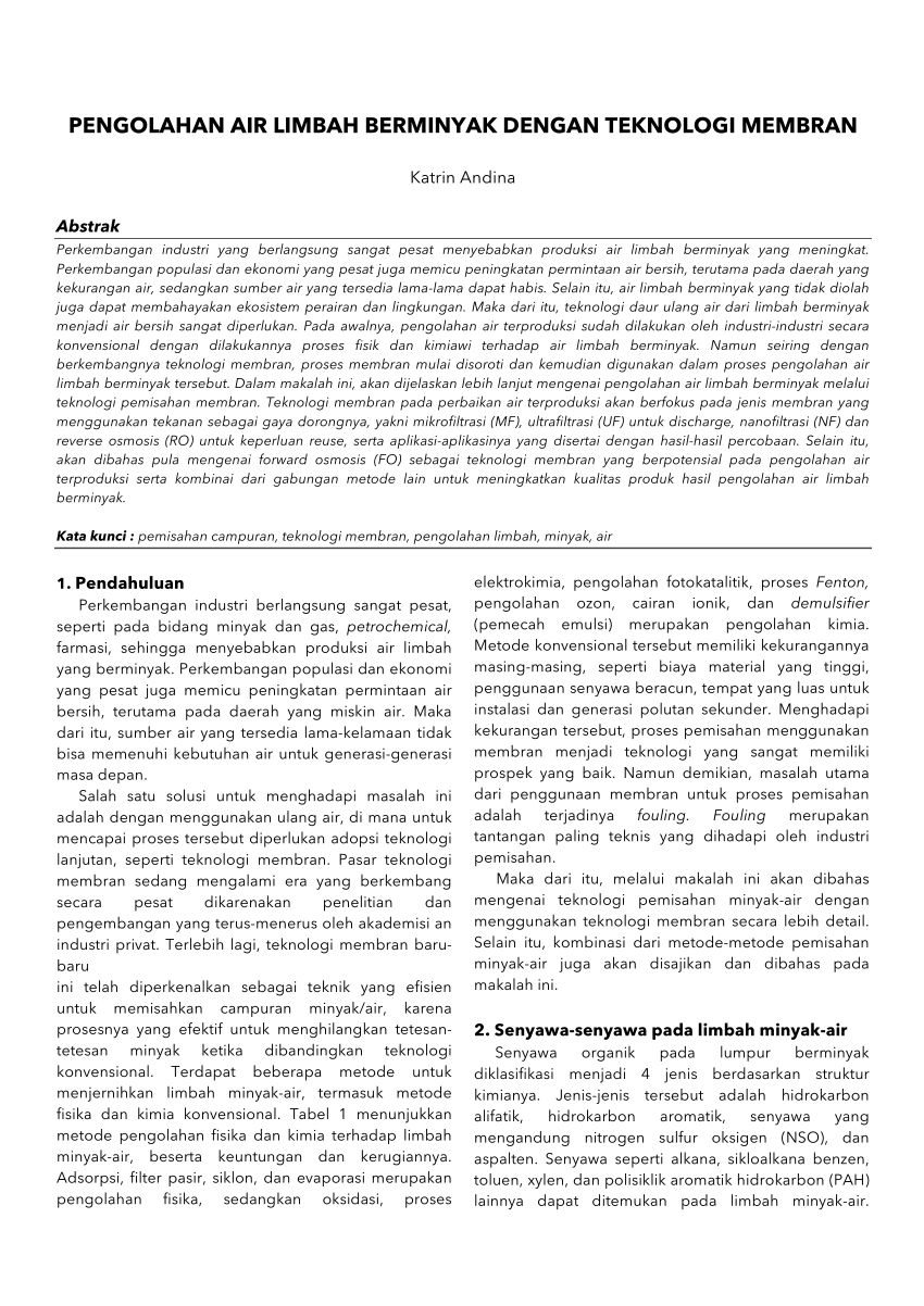 Pdf Pengolahan Air Limbah Berminyak Dengan Teknologi Membran