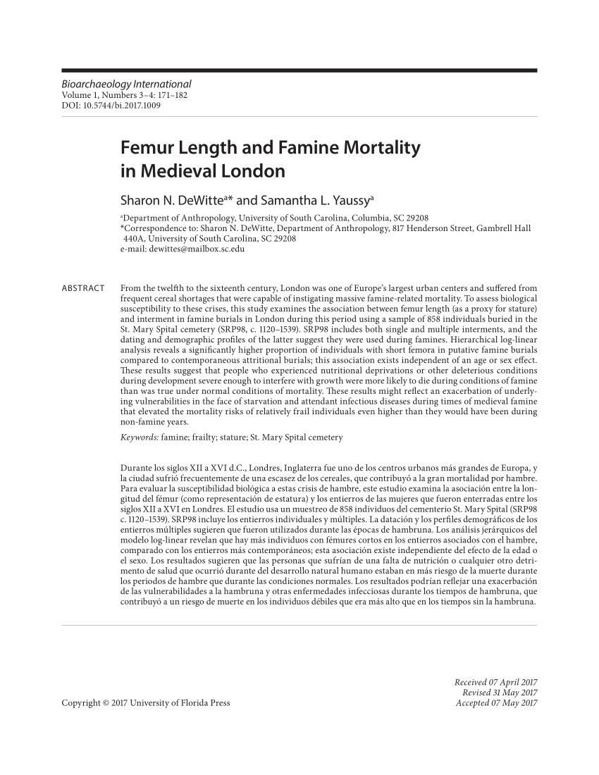 Pdf Femur Length And Famine Mortality In Medieval London 3238
