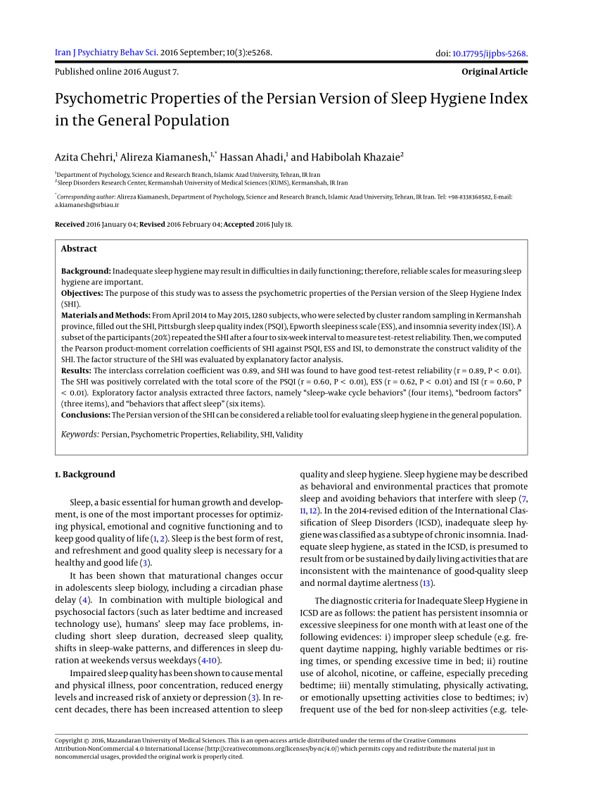 (PDF) Psychometric properties of the persian version of sleep hygiene