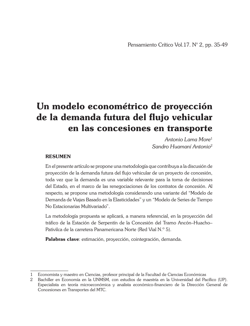 PDF) Un modelo econométrico de proyección de la demanda futura del flujo  vehicular en las concesiones en transporte