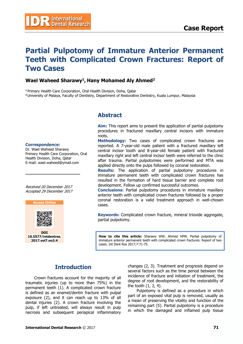 Pdf Partial Pulpotomy Of Immature Anterior Permanent Teeth With Complicated Crown Fractures Report Of Two Cases