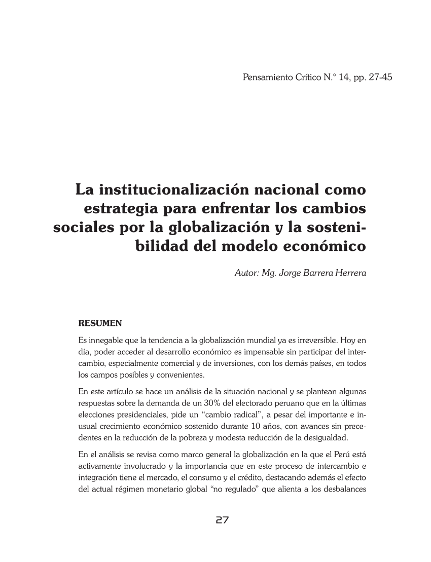 PDF) La institucionalización nacional como estrategia para enfrentar los  cambios sociales por la globalización y la sostenibilidad del modelo  económico