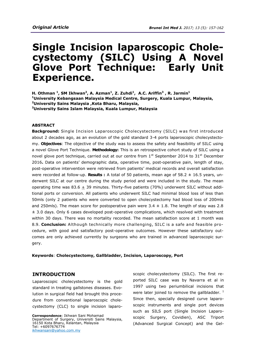 Pdf Single Incision Laparoscopic Cholecystectomy Silc Using A Novel Glove Port Technique Early Unit Experience