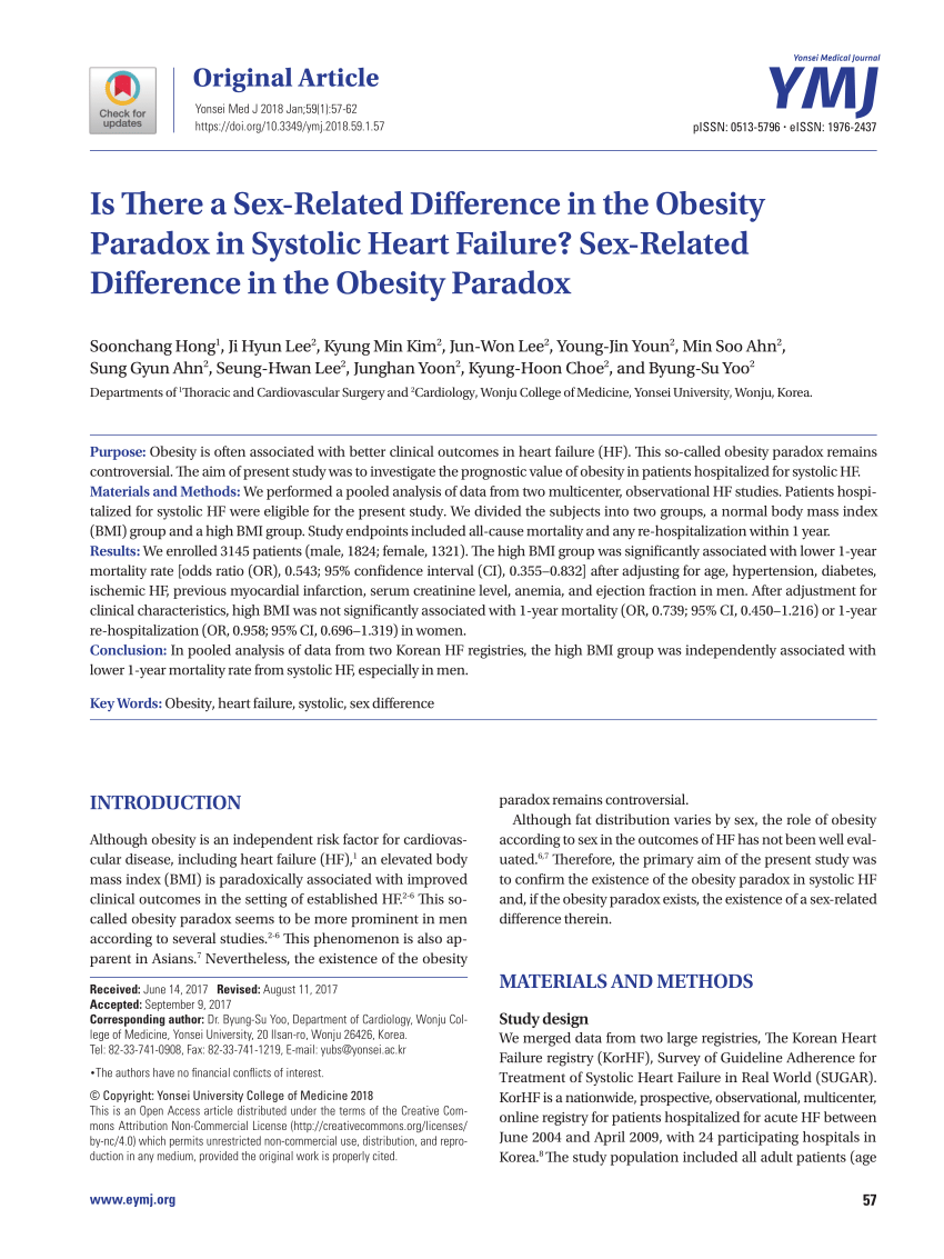 PDF) Is There a Sex-Related Difference in the Obesity Paradox in Systolic Heart Failure? Sex-Related Difference in the Obesity Paradox