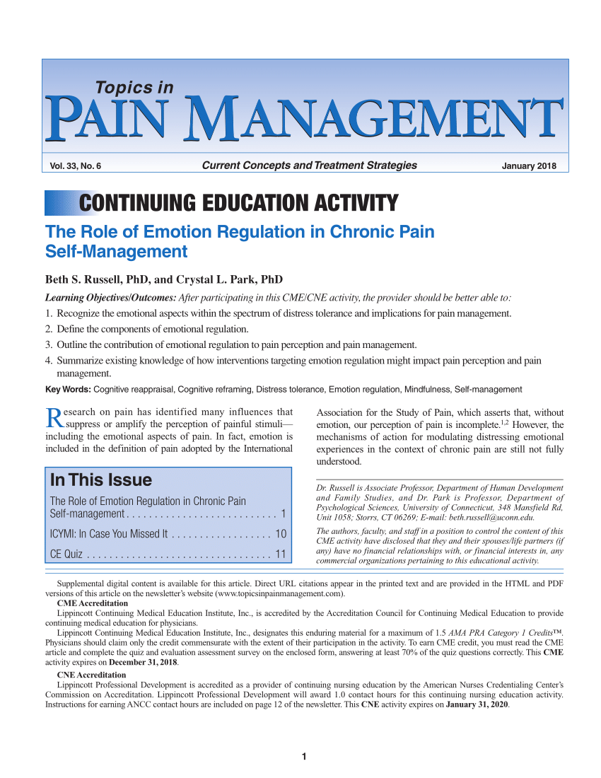 PDF) The Role of Emotion Regulation in Chronic Pain Self-Management