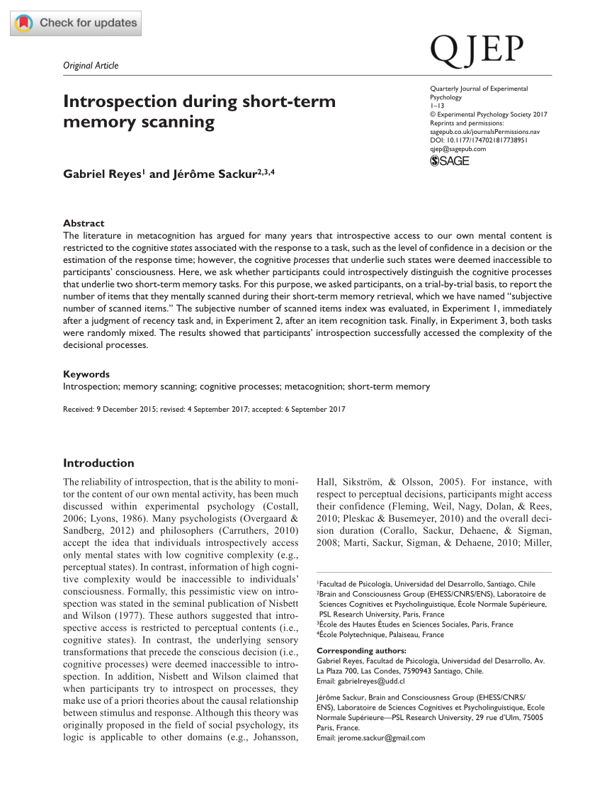 Pdf Introspection During Short Term Memory Scanning