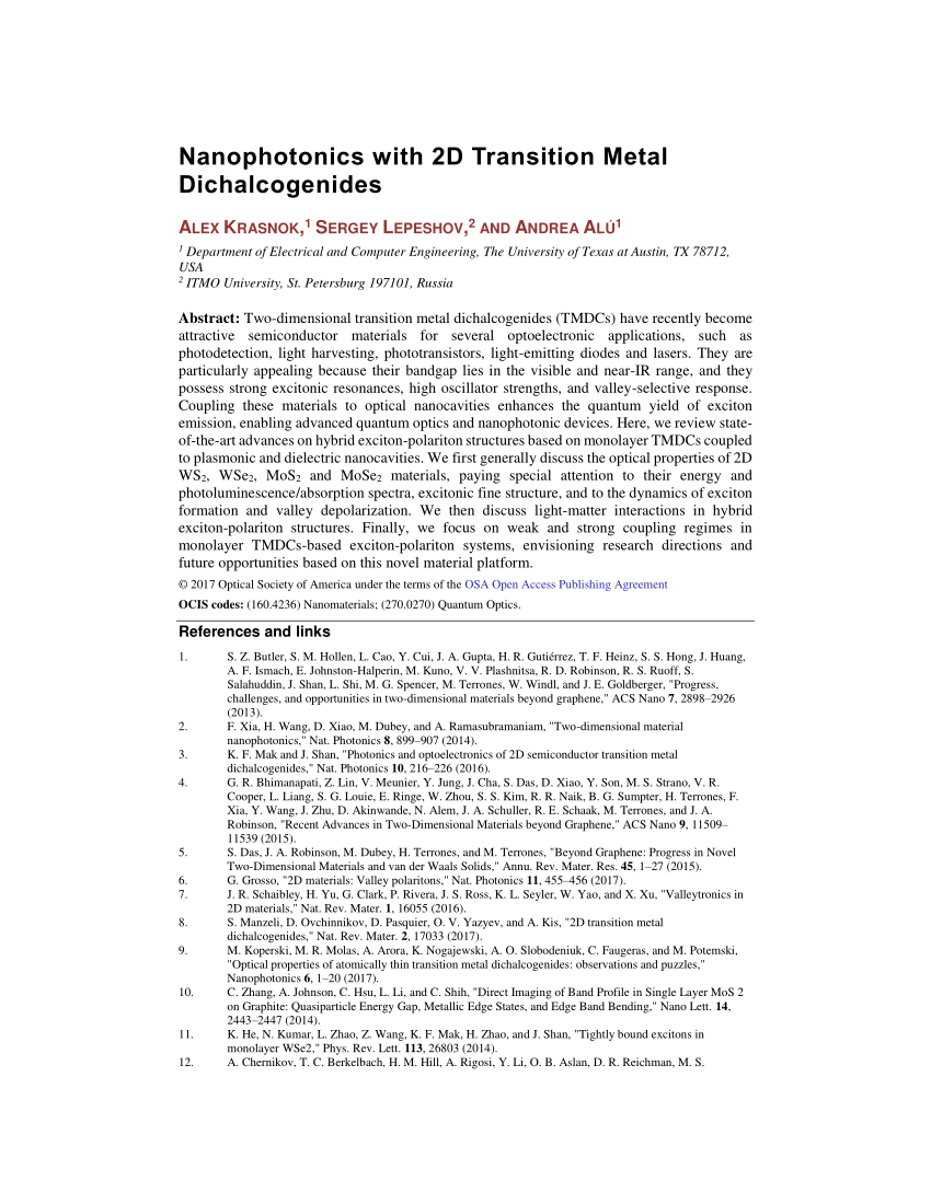 PDF) Nanophotonics with 2D Transition Metal Dichalcogenides