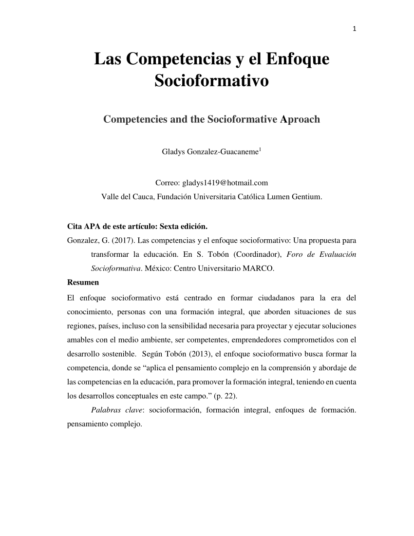 PDF) Las Competencias y el Enfoque Socioformativo Competencies and the  Socioformative Aproach
