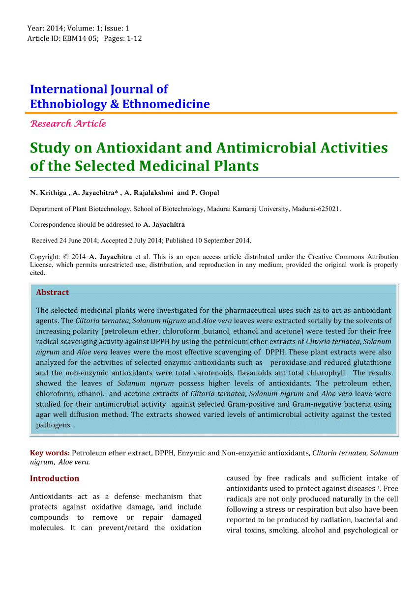 research papers on antioxidant activity of medicinal plants