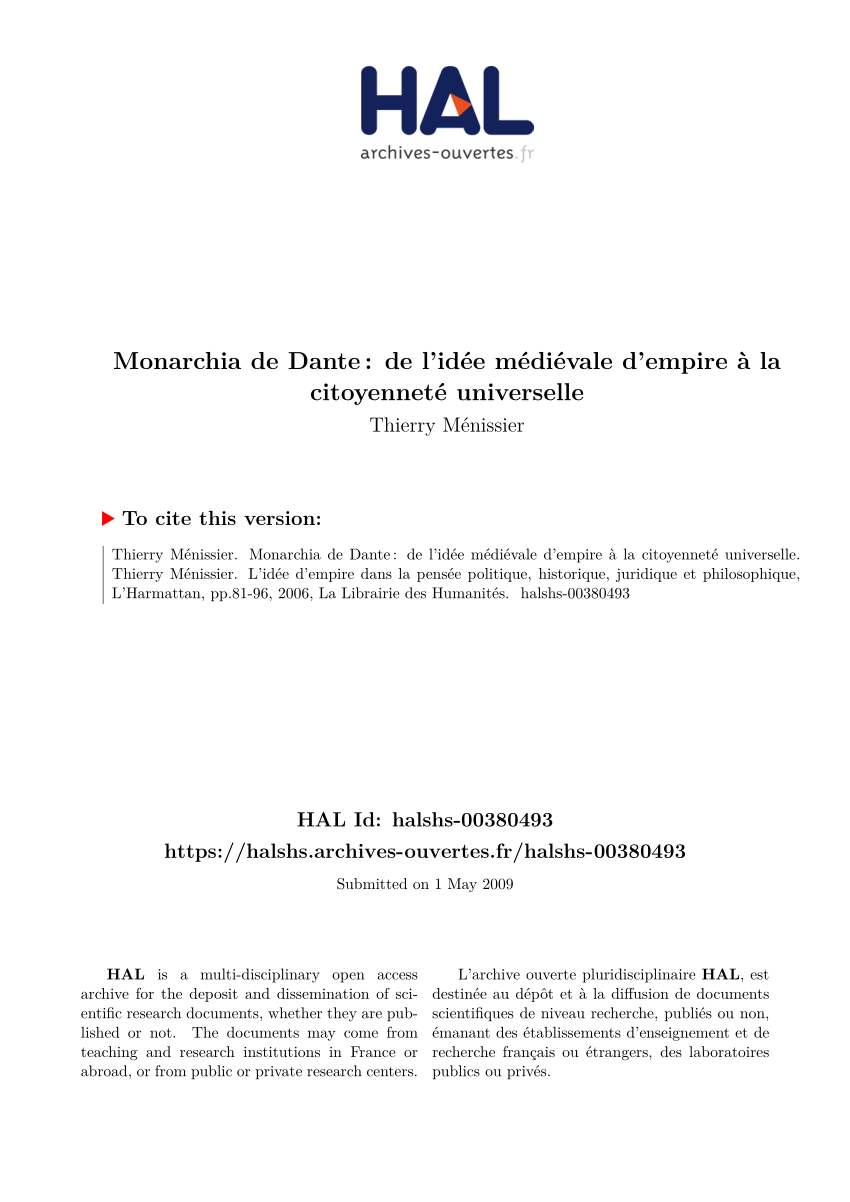 Pdf Monarchia De Dante De L Idee Medievale D Empire A La Citoyennete Universelle