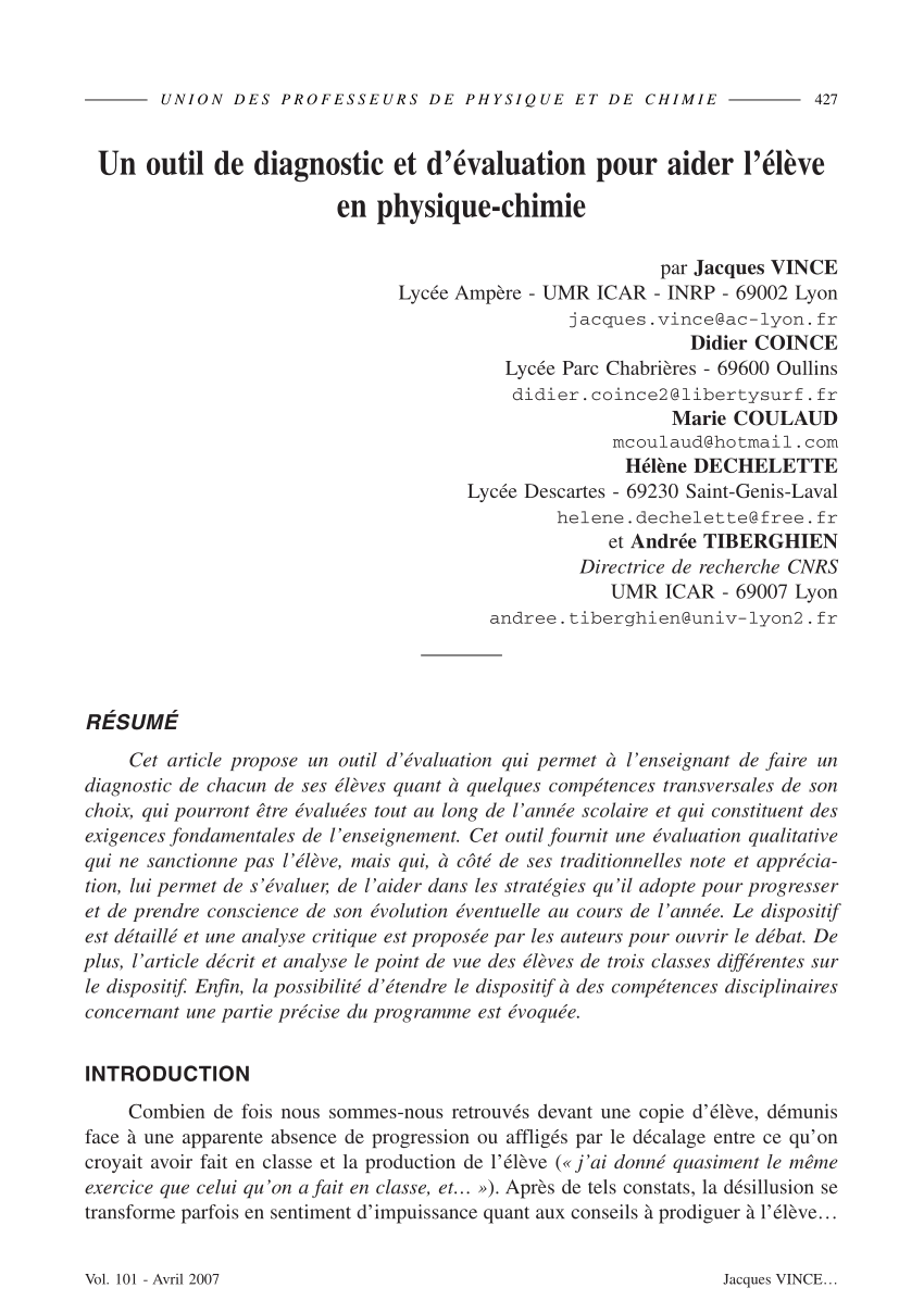 Pdf Un Outil De Diagnostic Et D Evaluation Pour Aider L Eleve En Physique Chimie