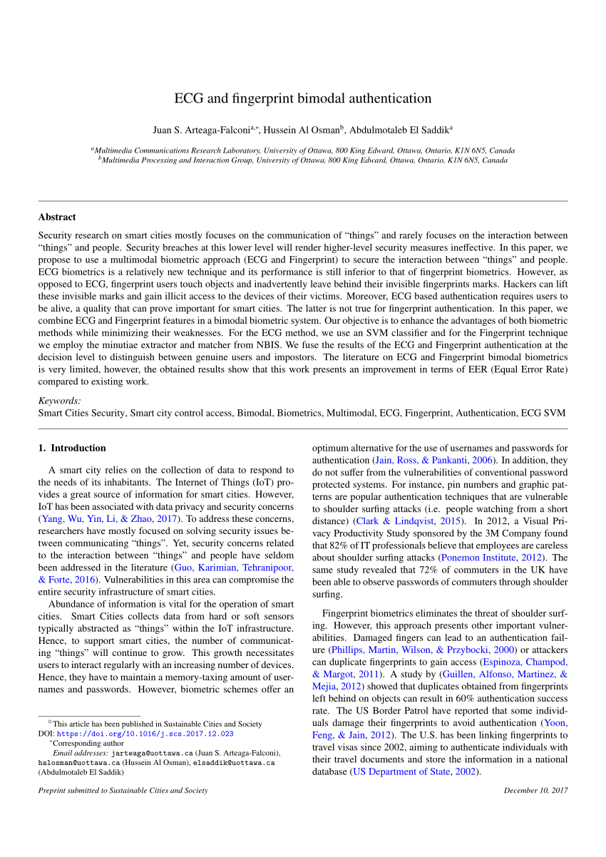 Pdf Ecg And Fingerprint Bimodal Authentication