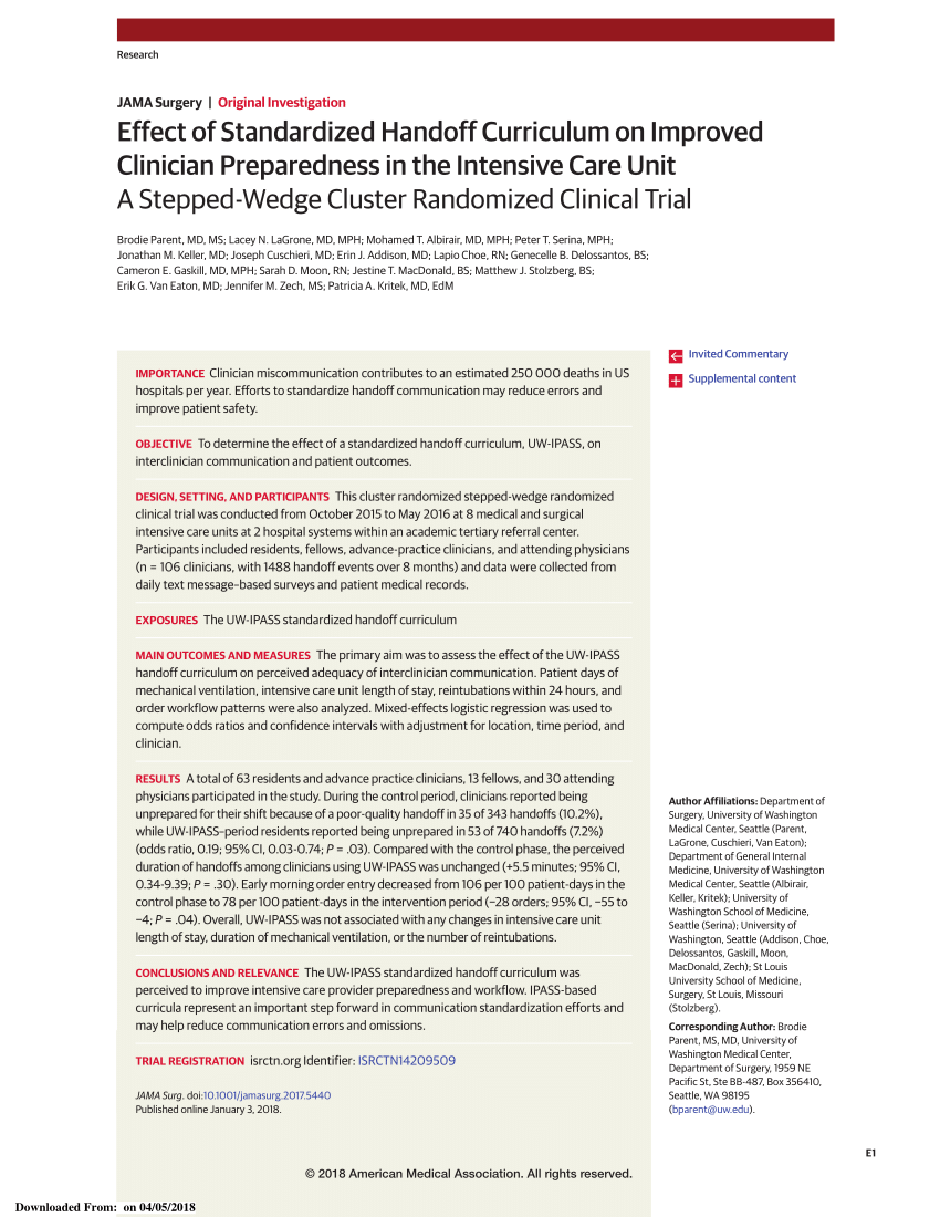 Pdf Effect Of Standardized Handoff Curriculum On Improved Clinician Preparedness In The Intensive Care Unit A Stepped Wedge Cluster Randomized Clinical Trial