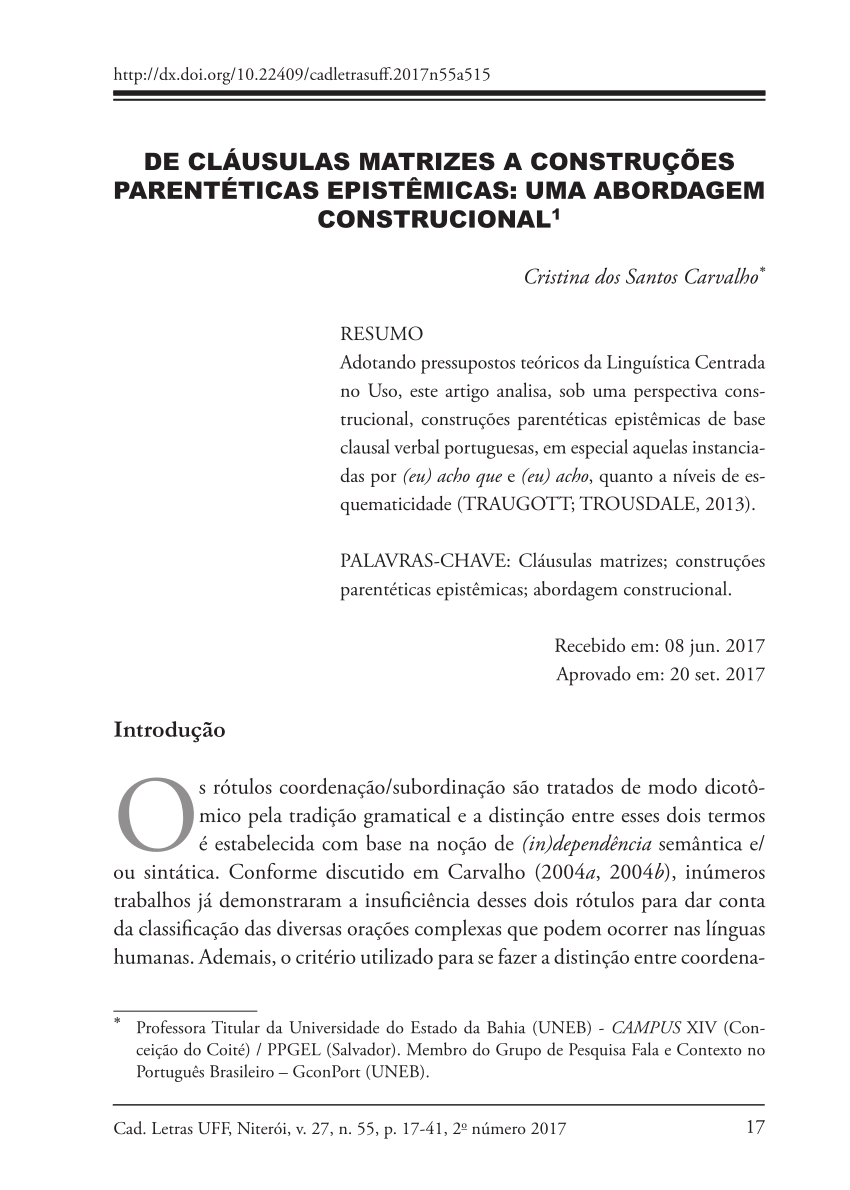 PDF) De cláusulas matrizes a construções parentéticas epistêmicas: uma  abordagem construcional