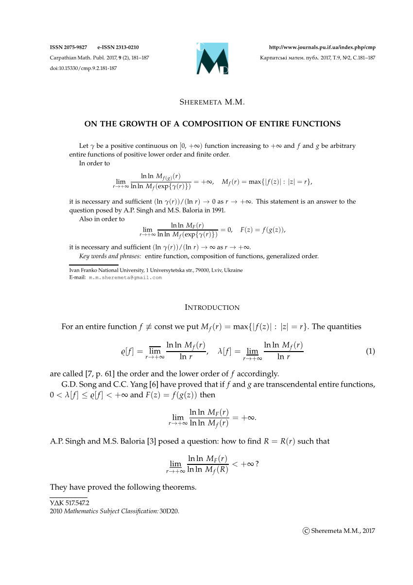 Pdf On The Growth Of A Composition Of Entire Functions