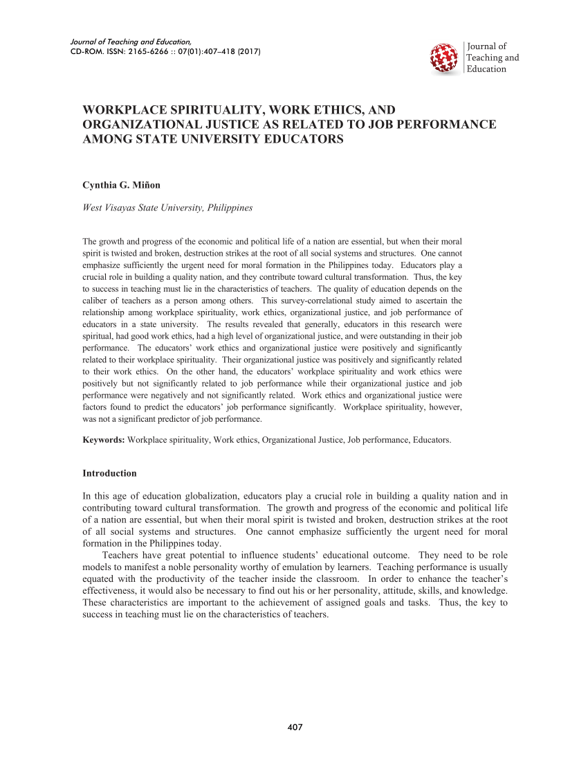 Pdf Workplace Spirituality Work Ethics And Organizational Justice As Related To Job Performance Among State University Educators