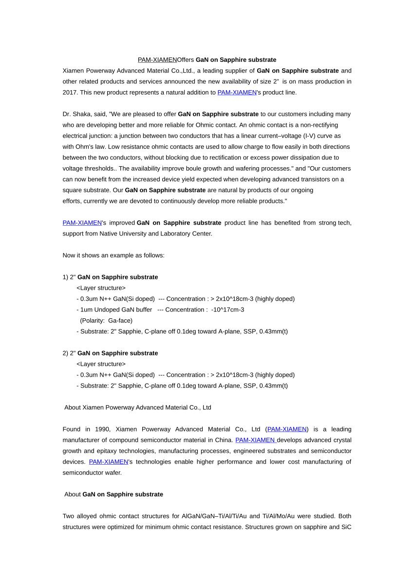 (PDF) PAM-XIAMEN Offers GaN on Sapphire substrate