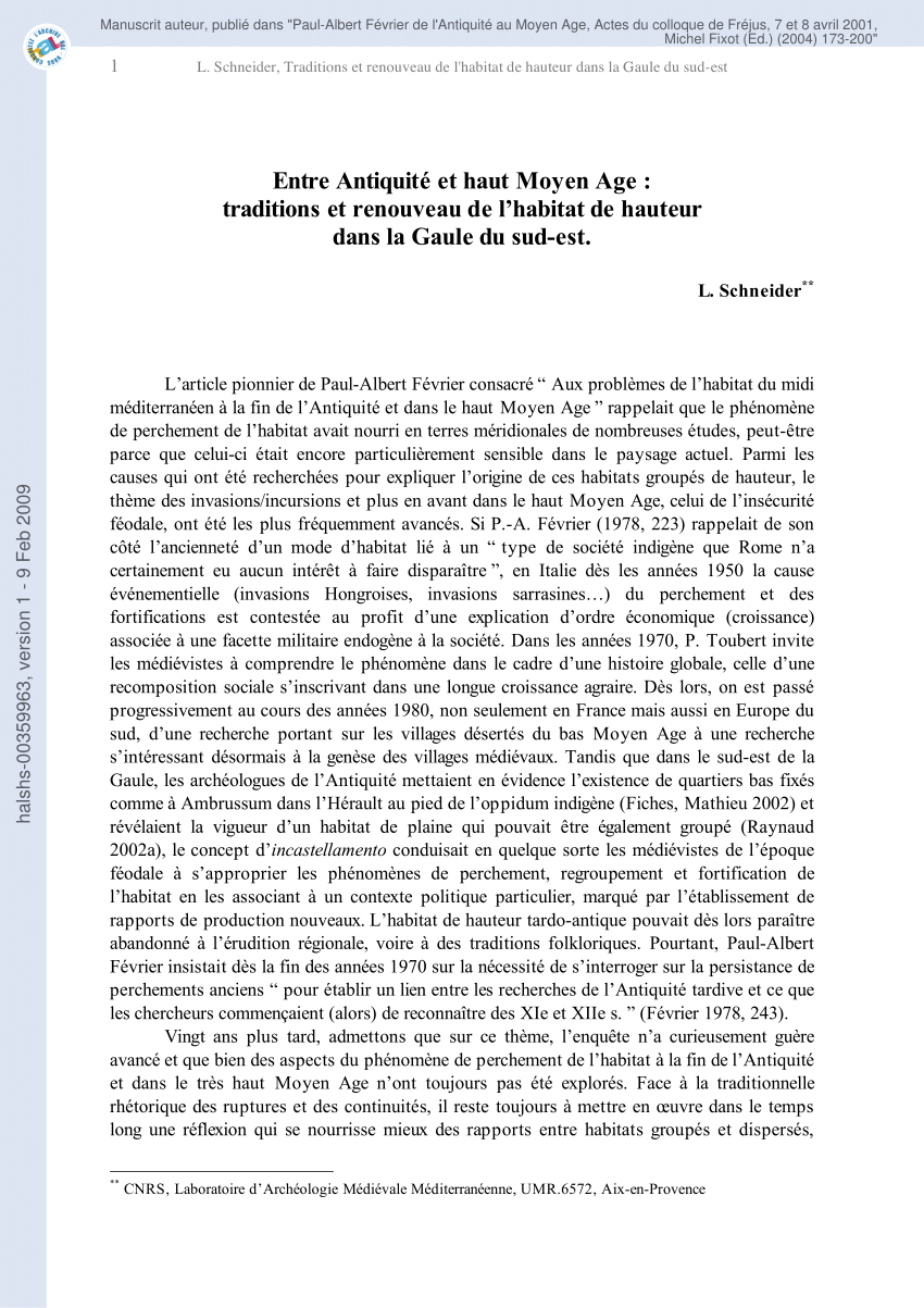 Pdf Entre Antiquite Et Haut Moyen Age Tradition Et Renouveau De L Habitat De Hauteur Dans La Gaule Du Sud Est