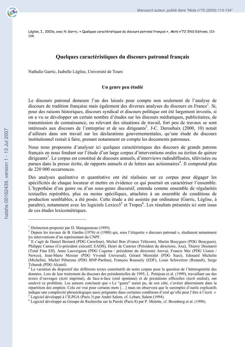 Pdf Quelques Caracteristiques Du Discours Patronal