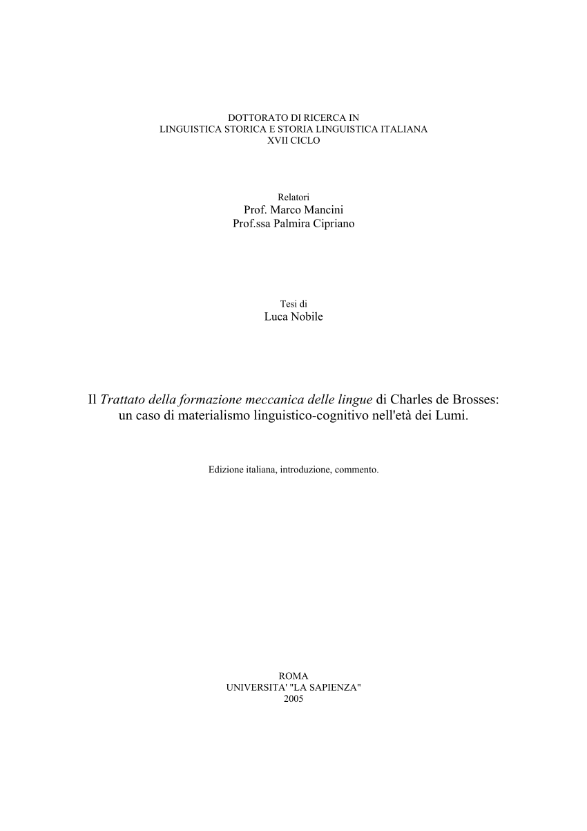 PDF) Il 'Trattato della formazione meccanica delle lingue e dei principi  fisici dell'etimologia' (1765) di Charles de Brosses : un caso di  materialismo linguistico-cognitivo nell'età dei Lumi.