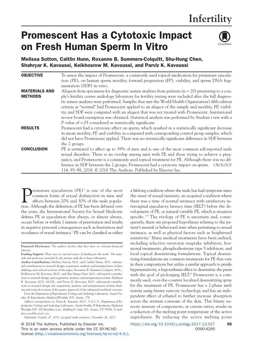 PDF Promescent Has a Cytotoxic Impact on Fresh Human Sperm In Vitro