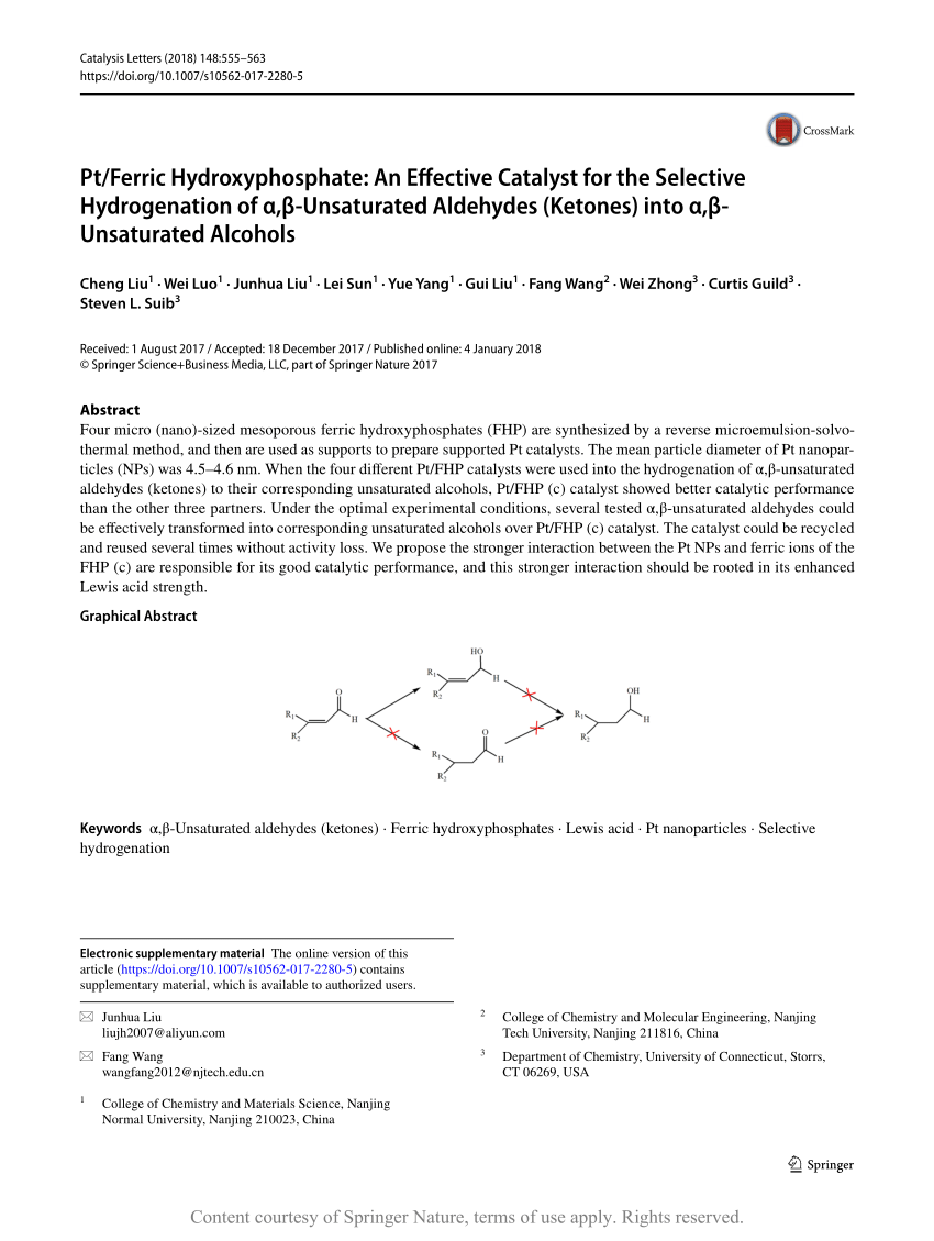 Pt Ferric Hydroxyphosphate An Effective Catalyst For The Selective Hydrogenation Of A B Unsaturated Aldehydes Ketones Into A B Unsaturated Alcohols Request Pdf