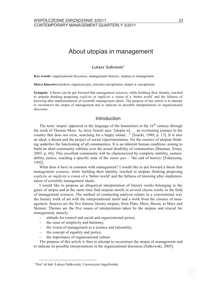 Pdf Utopie W Zarzadzaniu About Utopias In Management