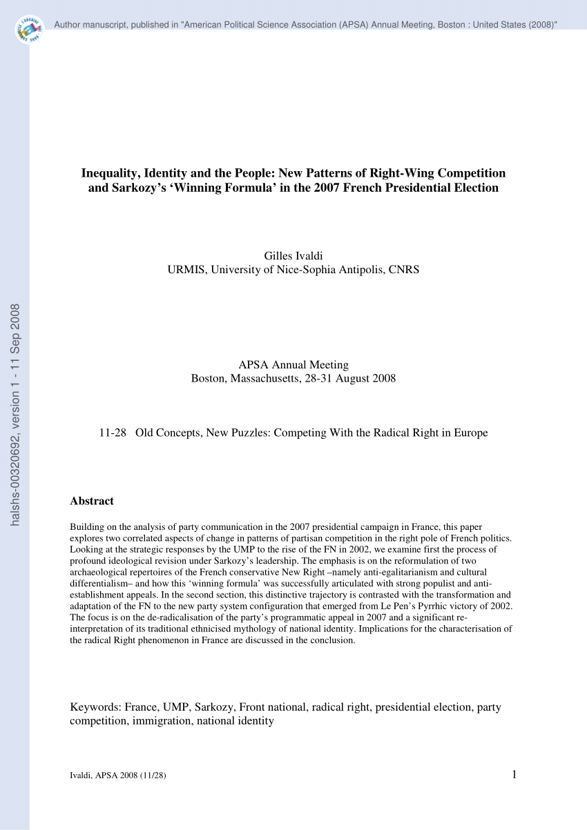 Pdf Inequality Identity And The People New Patterns Of Right Wing Competition And Sarkozy S Winning Formula In The 07 French Presidential Election