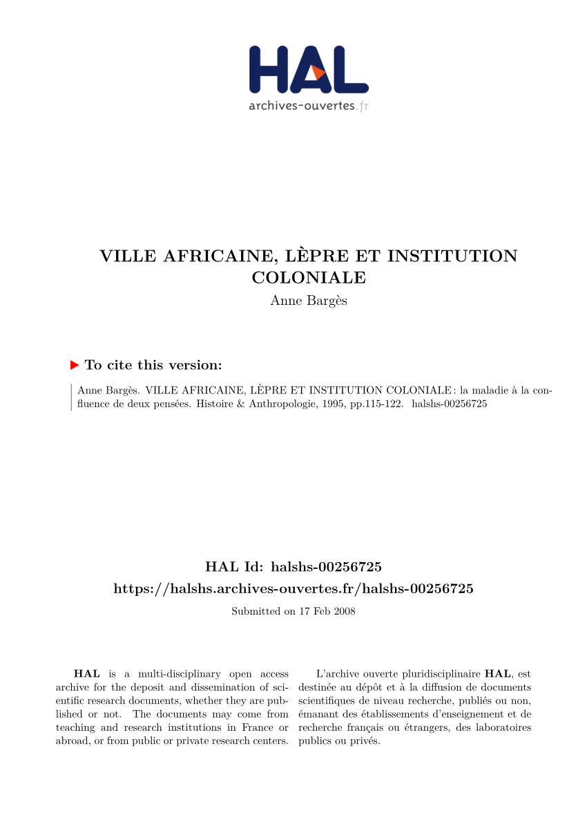 Pdf Ville Africaine Lepre Et Institution Coloniale