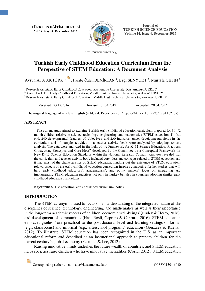pdf turkish early childhood education curriculum from the perspective of stem education a document analysis