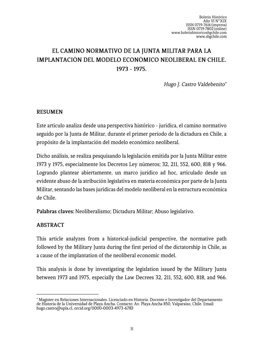 PDF) EL CAMINO NORMATIVO DE LA JUNTA MILITAR PARA LA IMPLANTACIÓN DEL MODELO  ECONÓMICO NEOLIBERAL EN CHILE. 1973 - 1975