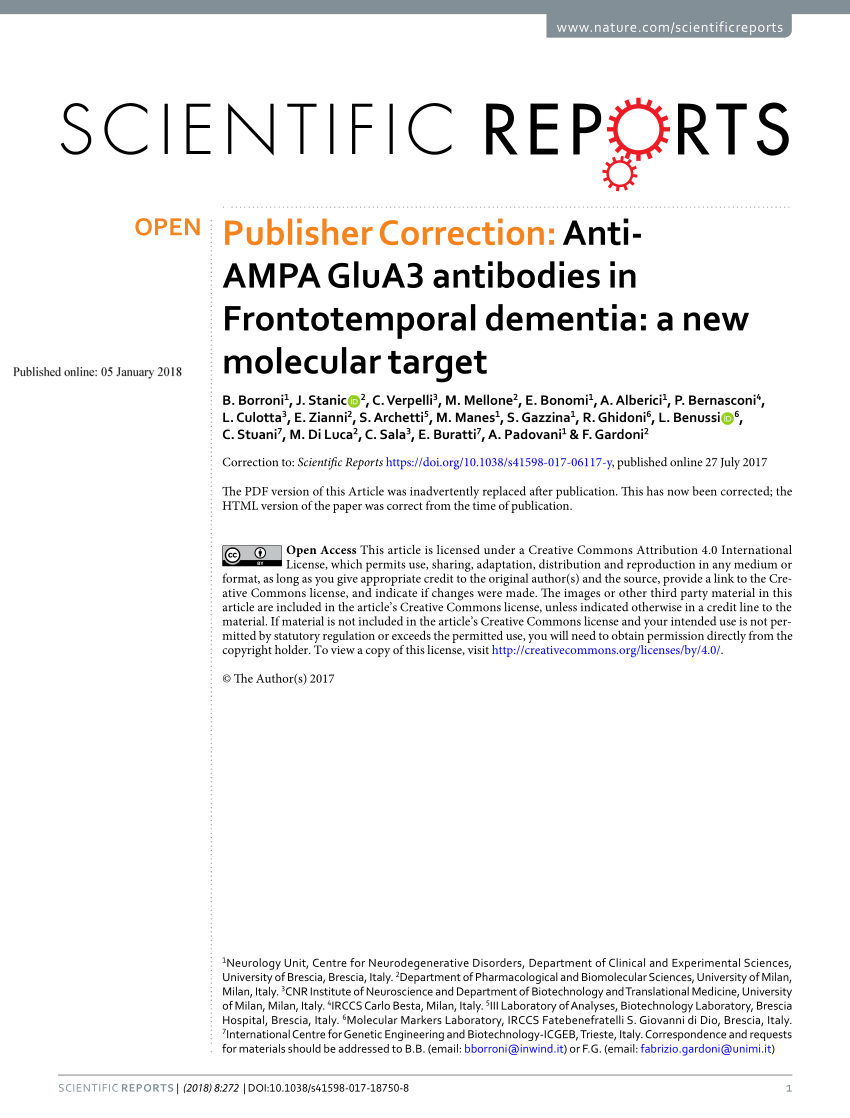 Pdf Publisher Correction Anti Ampa Glua3 Antibodies In Frontotemporal Dementia A New Molecular Target
