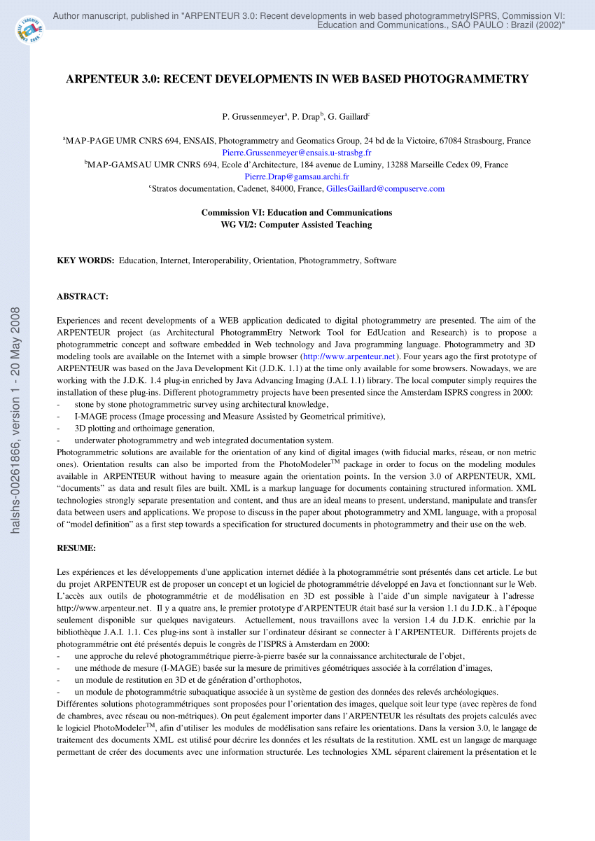 PDF ARPENTEUR 3.0 Recent developments in web based photogrammetry