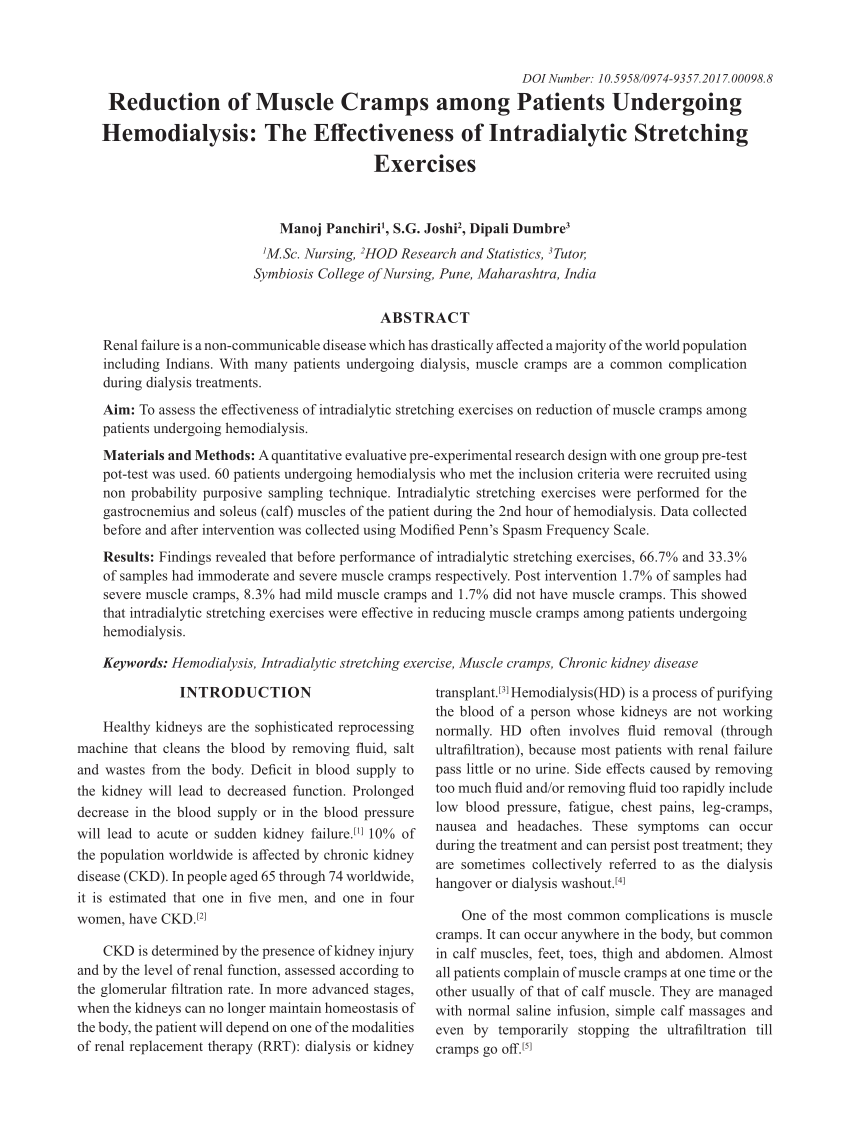 (PDF) Reduction of Muscle Cramps among Patients Undergoing Hemodialysis