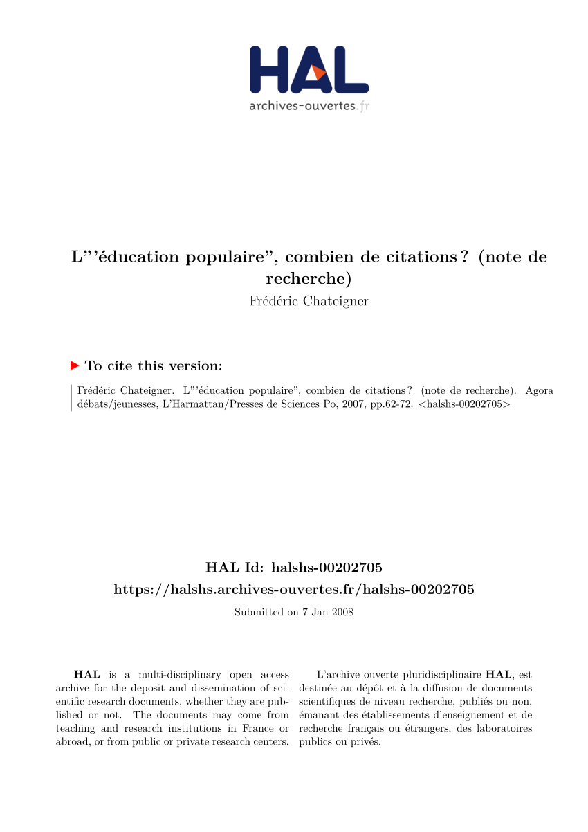 Pdf L Education Populaire Combien De Citations Note De Recherche