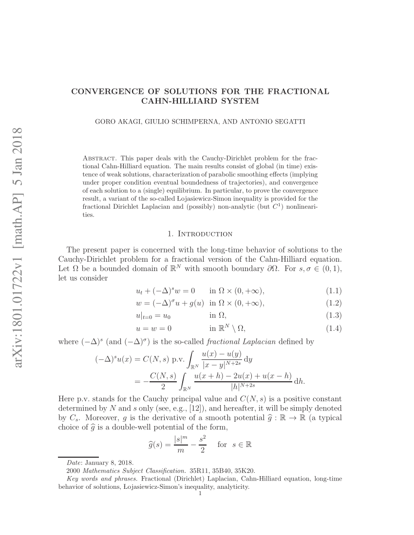 Pdf Convergence Of Solutions For The Fractional Cahn Hilliard System