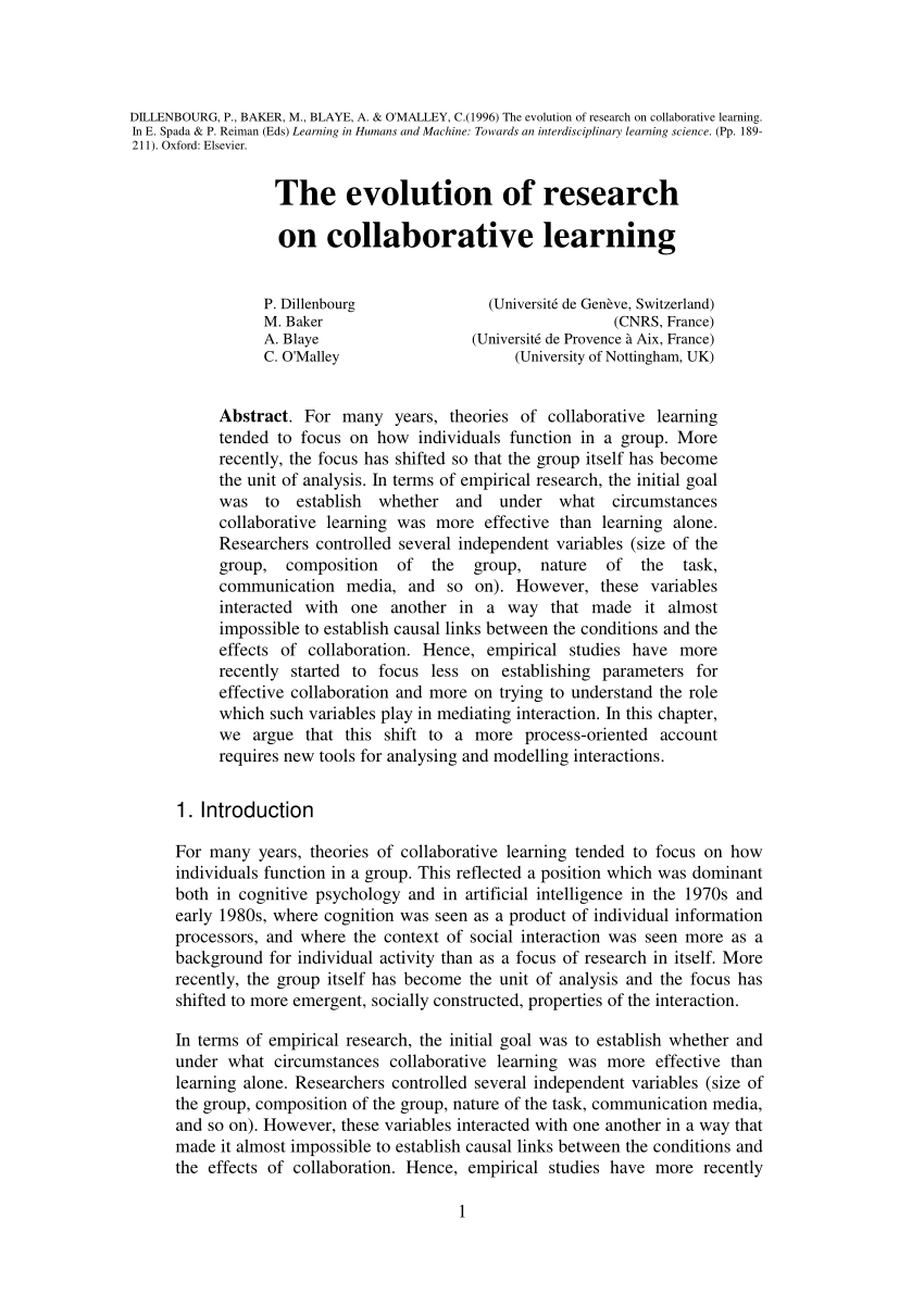 Pdf The Evolution Of Research On Collaborative Learning