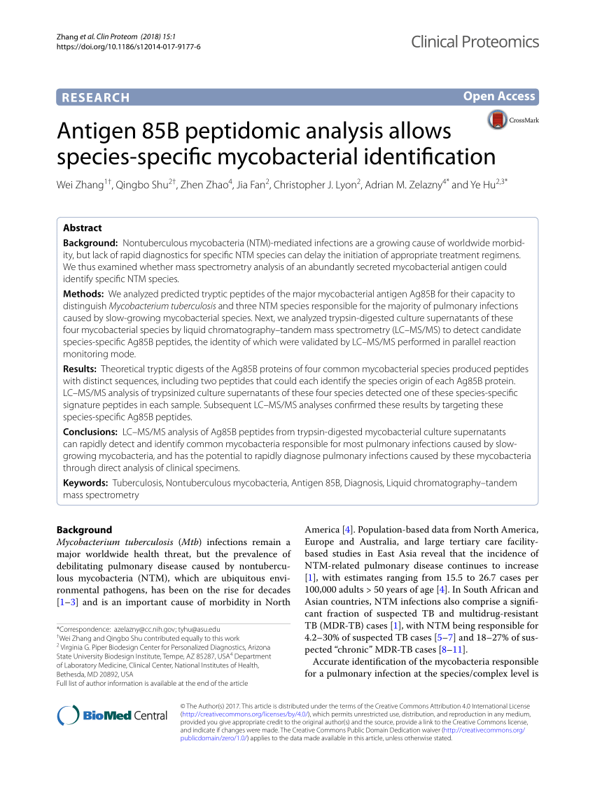 PDF Antigen B Peptidomic Analysis Allows Species Specific Mycobacterial Identification