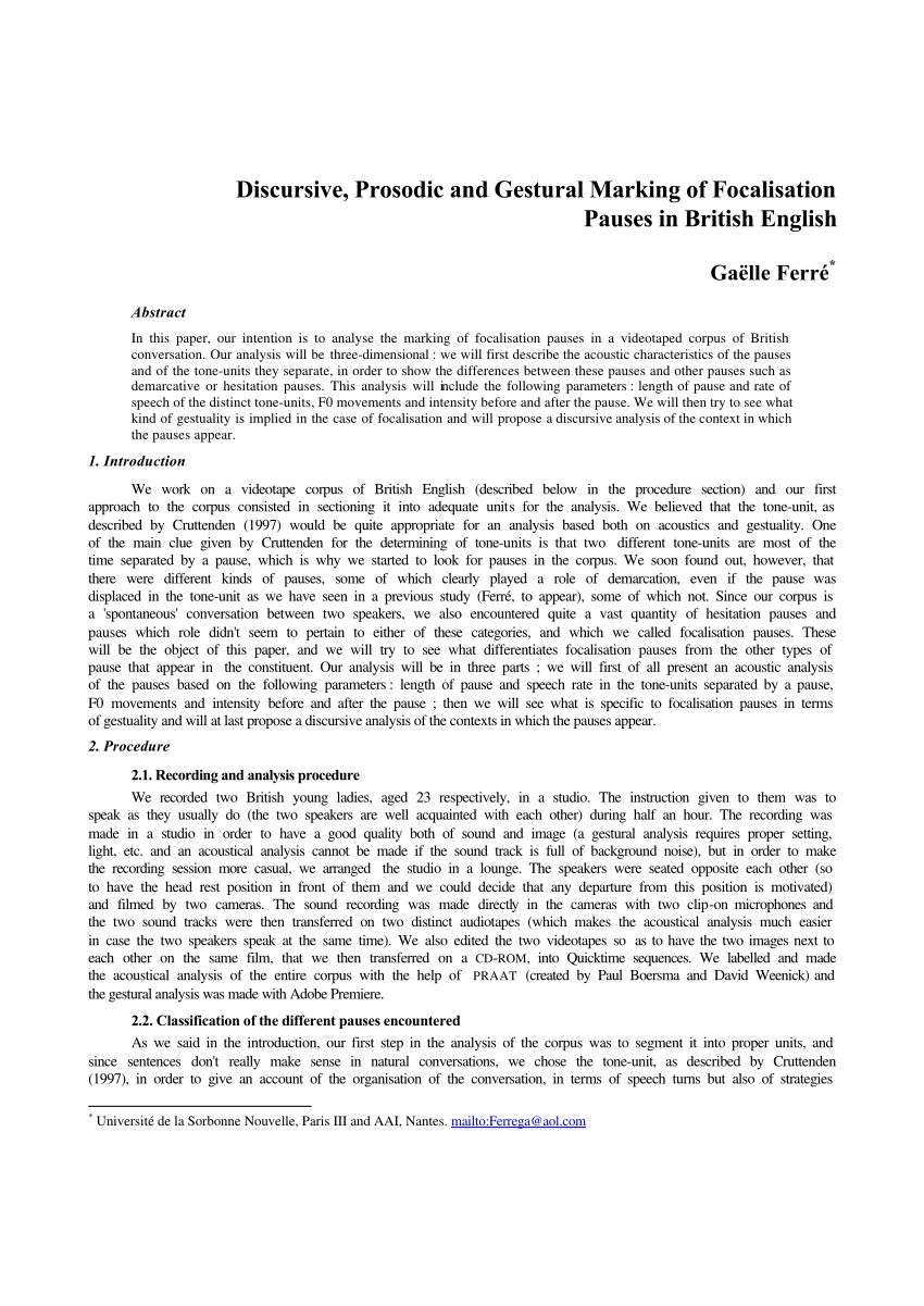 Pdf Discursive Prosodic And Gestural Analysis Of Focalisation Pauses In British English