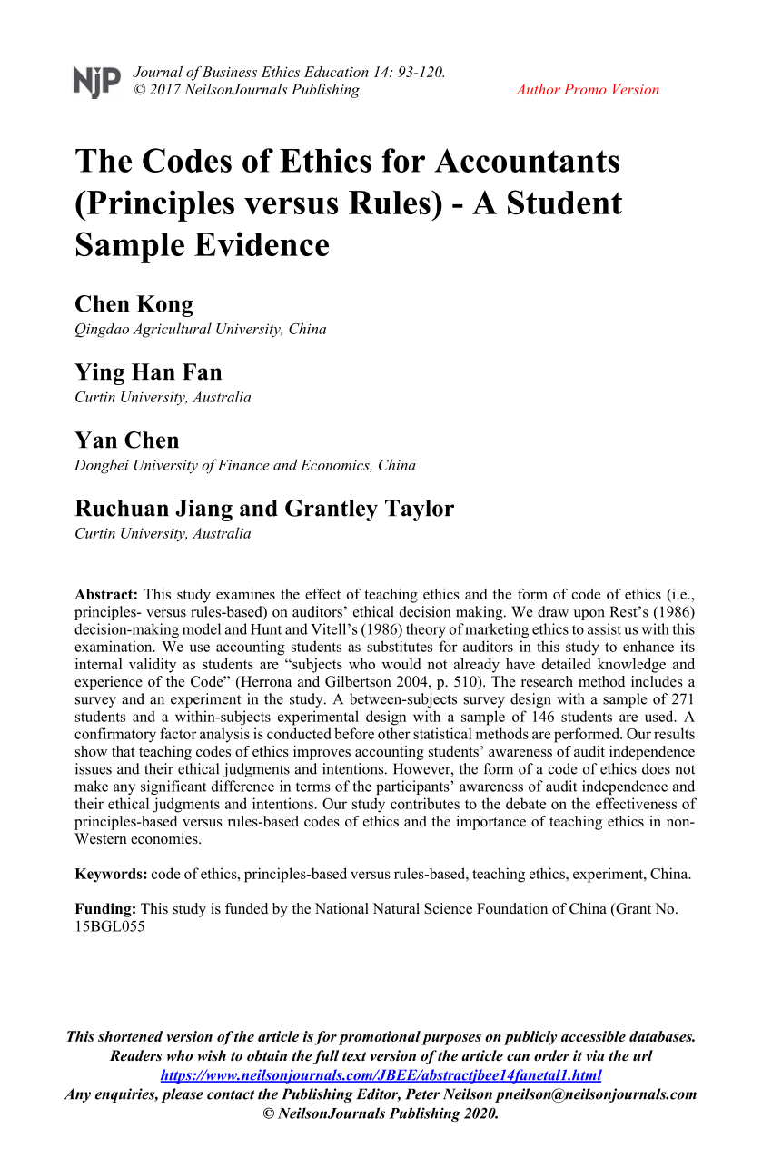 Pdf The Codes Of Ethics For Accountants Principles Versus Rules A Student Sample Evidence