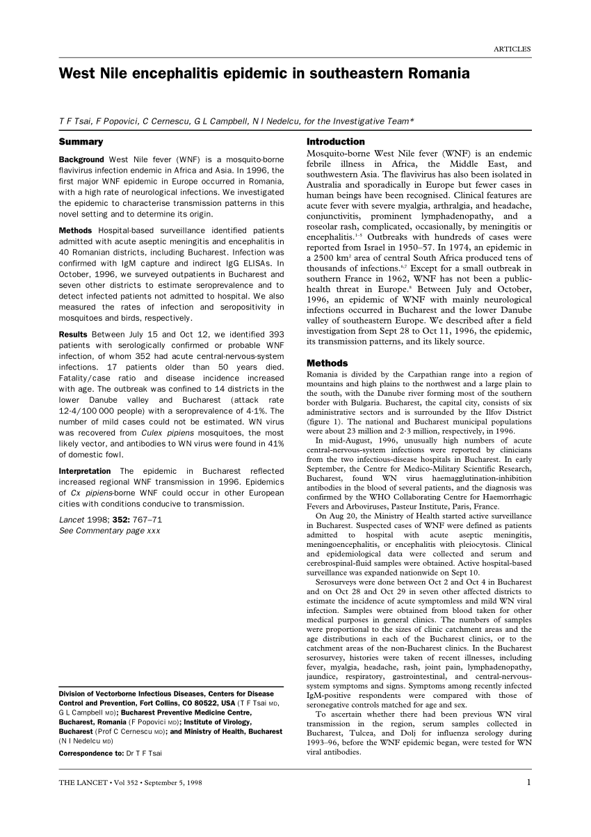 PDF West Nile encephalitis epidemic in southeastern Romania 