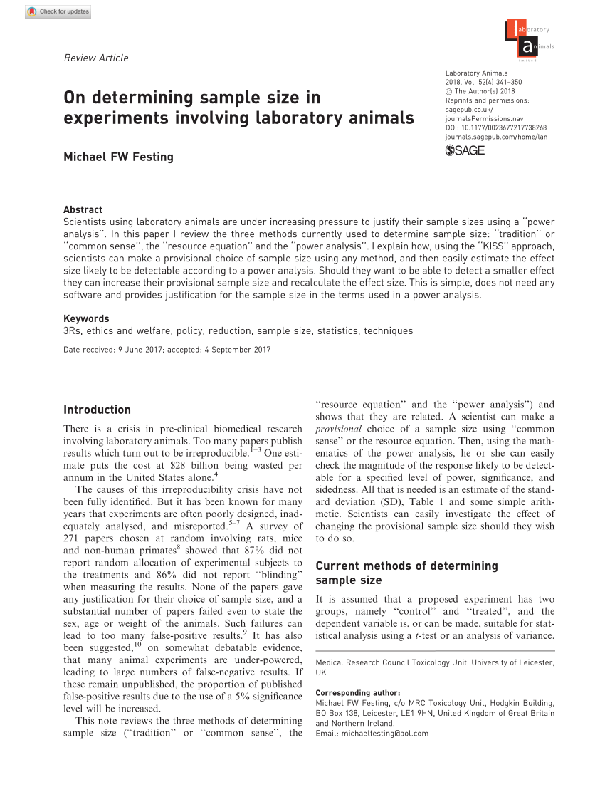 PDF) On determining sample size in experiments involving laboratory animals