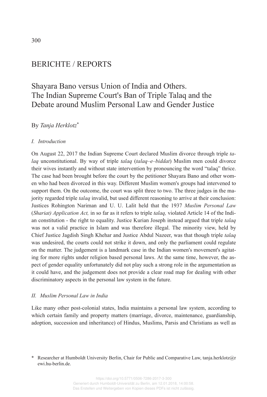 Pdf Shayara Bano Versus Union Of India And Others The Indian Supreme Court S Ban Of Triple Talaq And The Debate Around Muslim Personal Law And Gender Justice