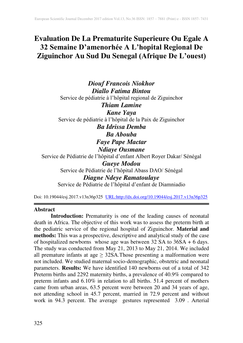 Pdf Evaluation De La Prematurite Superieure Ou Egale A 32 Semaine D Amenorhee A L Hopital Regional De Ziguinchor Au Sud Du Senegal Afrique De L Ouest