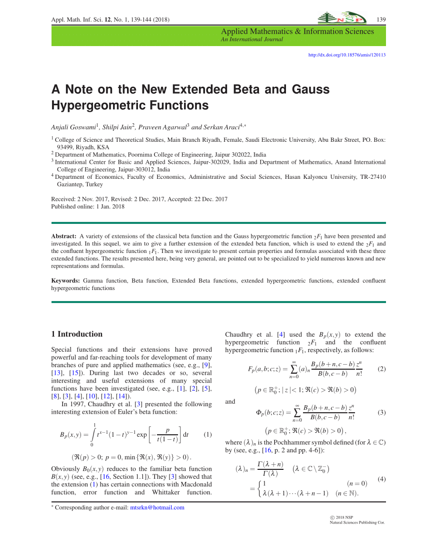 Pdf A Note On The New Extended Beta And Gauss Hypergeometric Functions