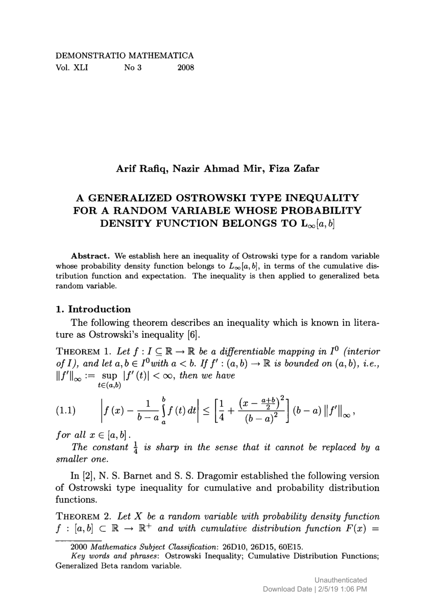 Pdf A Generalized Ostrowski Type Inequality For A Random Variable Whose Probability Density Function Belongs To L A B