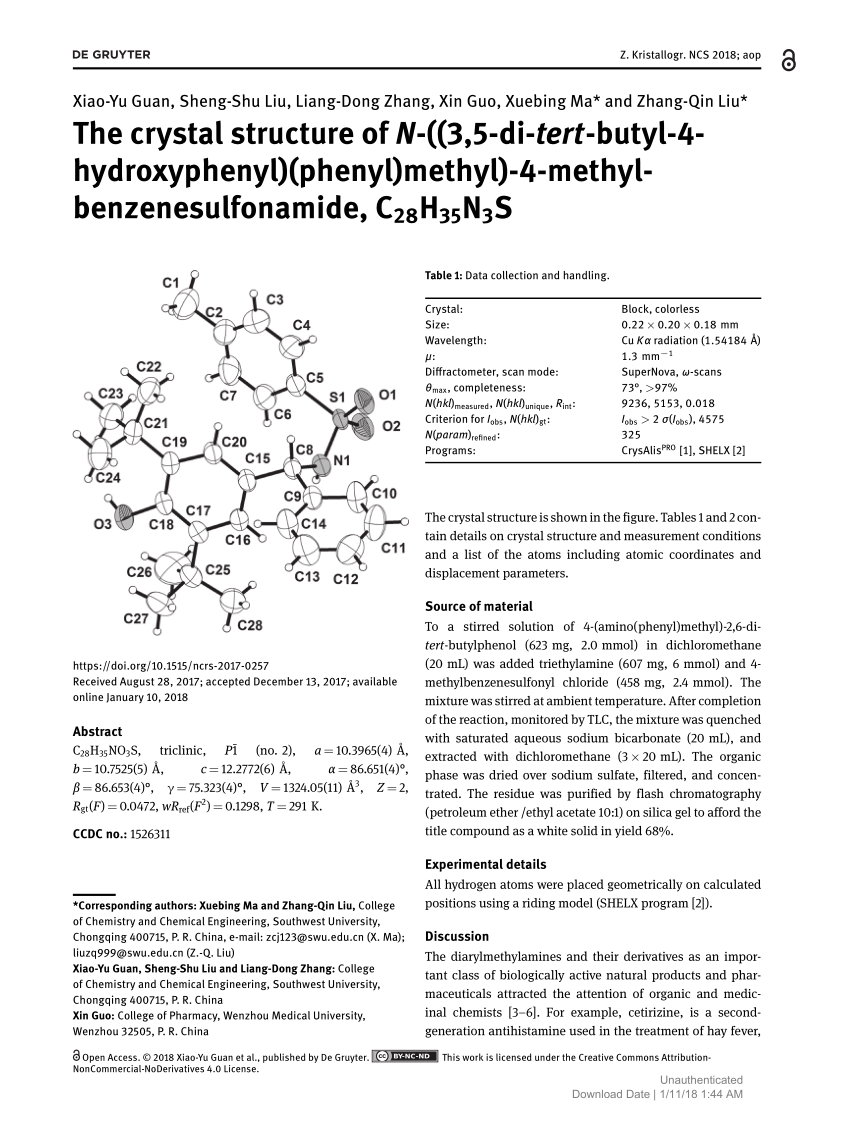 Pdf The Crystal Structure Of N 3 5 Di Tert Butyl 4 Hydroxyphenyl Phenyl Methyl 4 Methylbenzenesulfonamide C28h35n3s