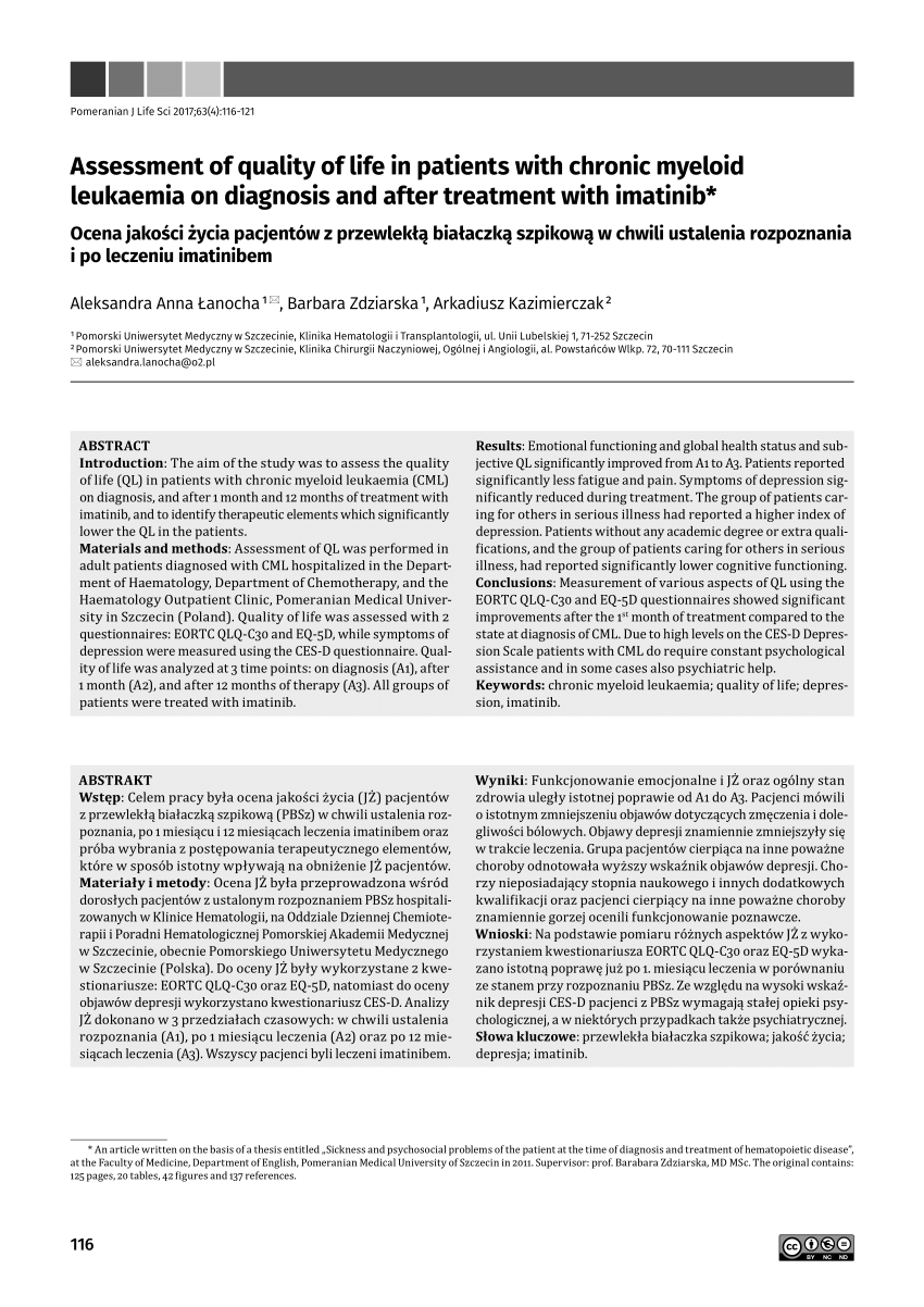 Pdf Ocena Jakości życia Pacjentów Z Przewlekłą Białaczką Szpikową W Chwili Ustalenia 3835