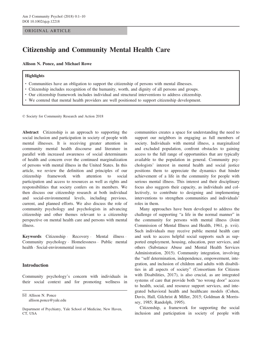 Pdf Citizenship And Community Mental Health Care